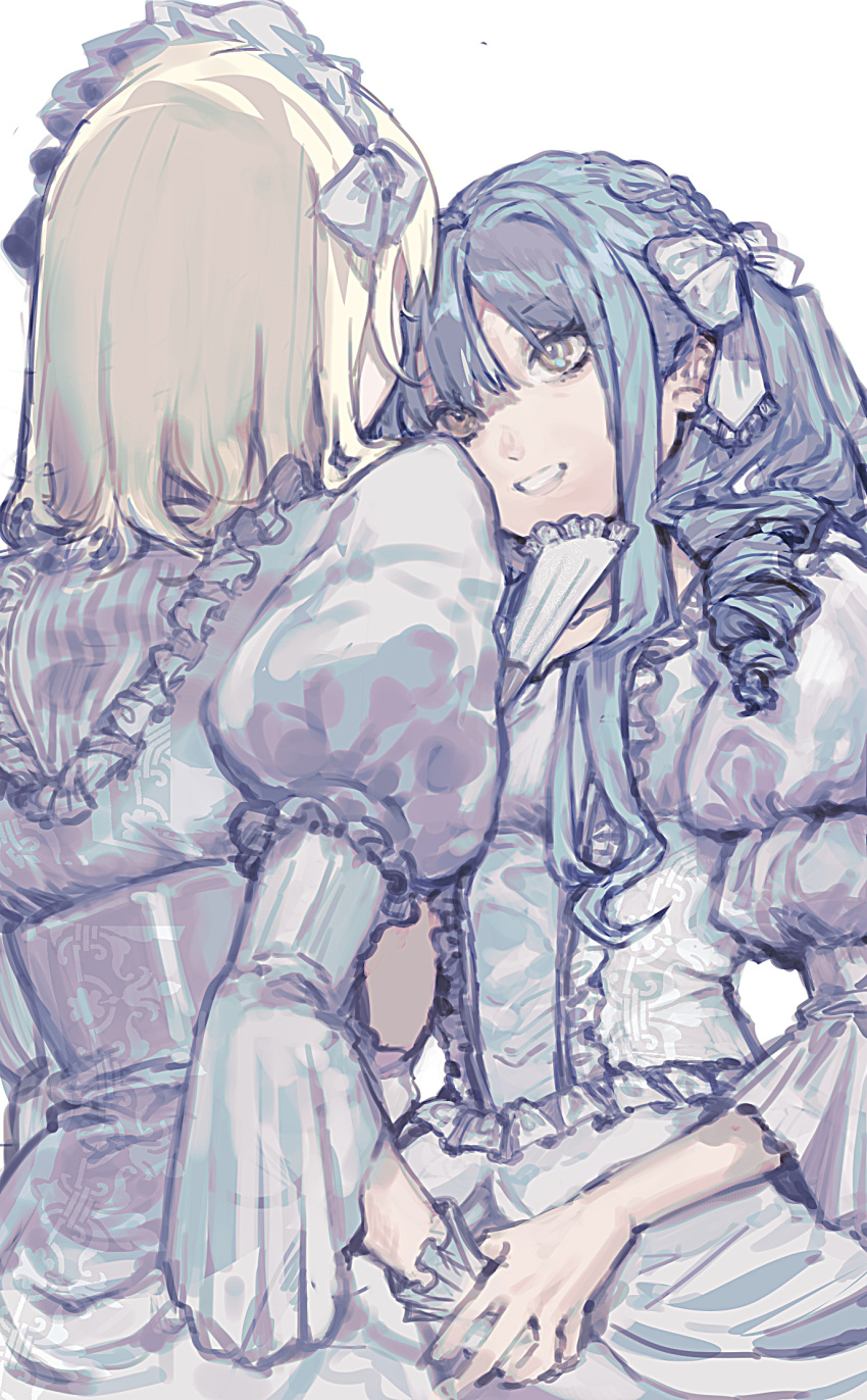 2girls, animate_(company), animate_cafe, bang_dream!, bang_dream!_it's_mygo!!!!!, black_ribbon, blonde_hair, blue_hair