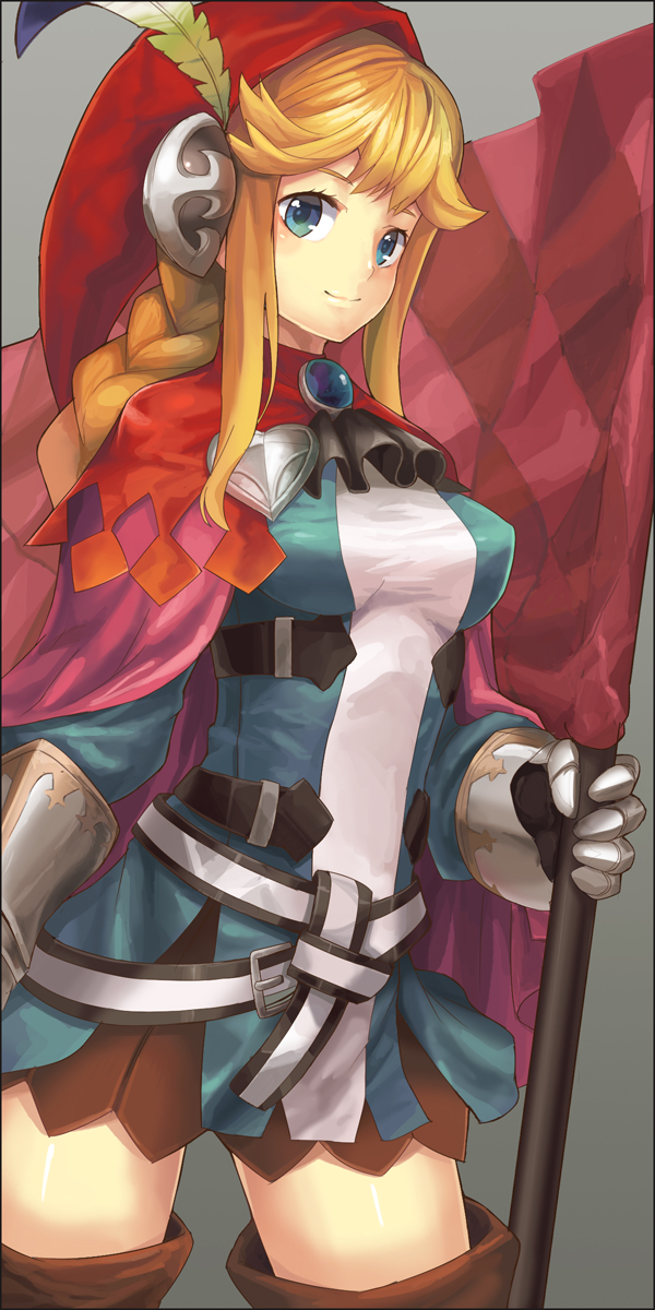 armor, armored_dress, blonde_hair, blue_eyes, braid, feathers, flag, gauntlets
