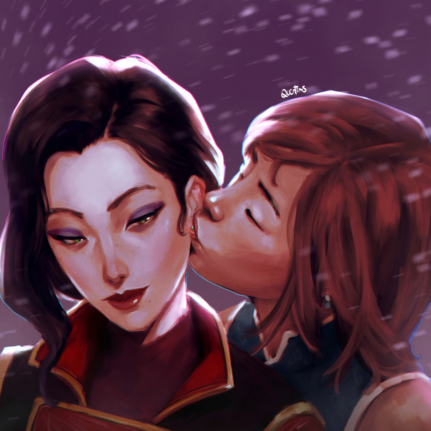 2girls, artist_name, asami_sato, avatar_legends, bare_shoulders, brown_hair, closed_eyes, closed_mouth