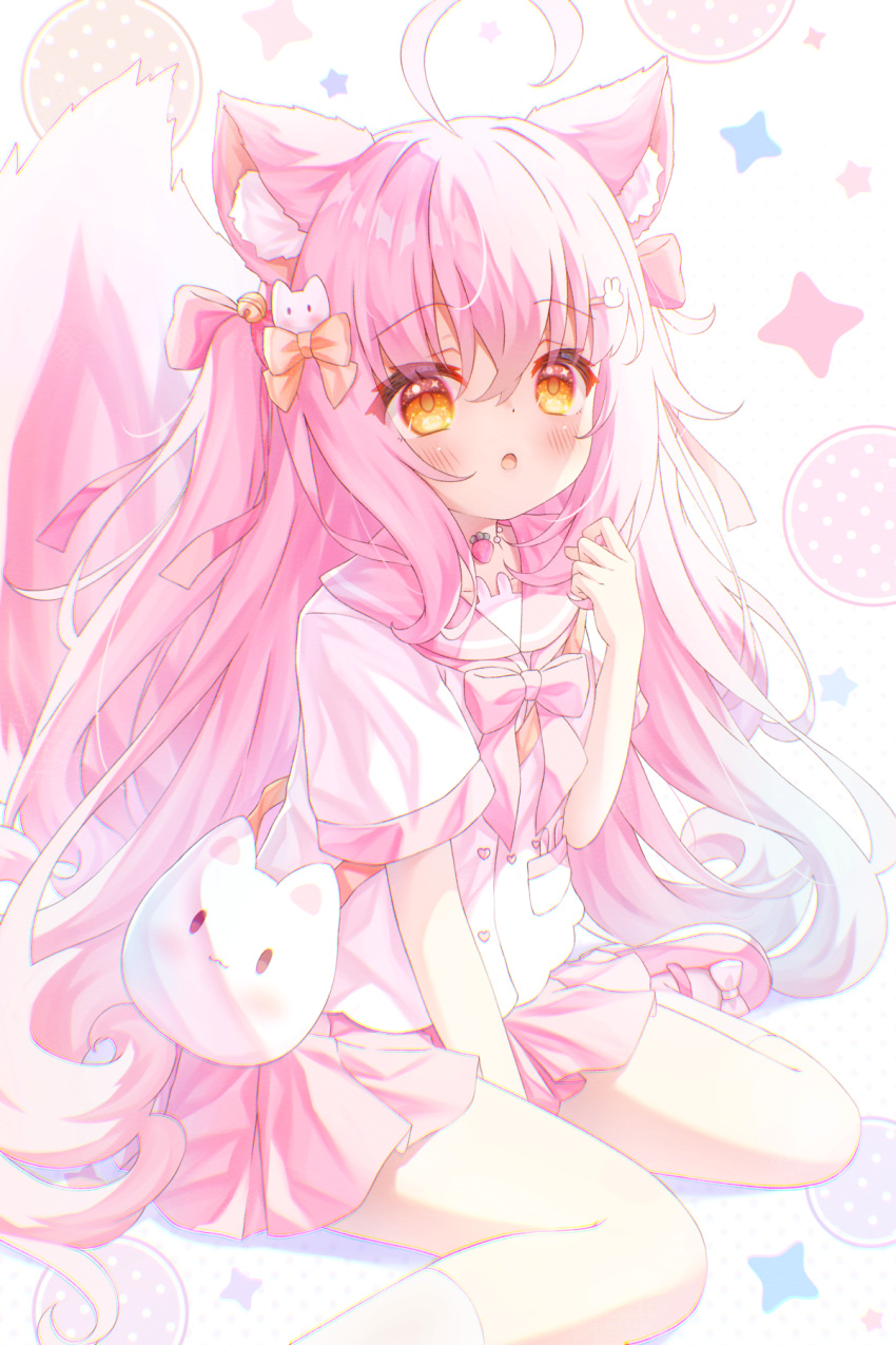 1girl, :o, ahoge, animal_ear_fluff, animal_ears, between_legs, blush, bow