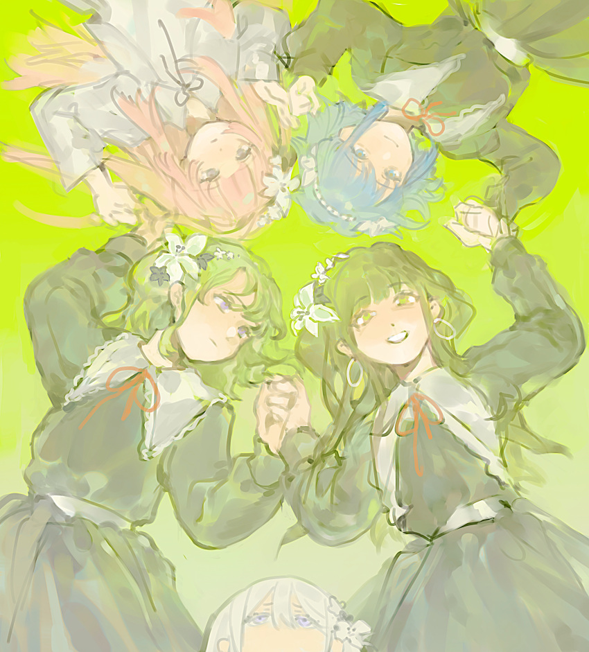 5girls, absurdres, bang_dream!, bang_dream!_our_notes, black_dress, blue_eyes, blue_hair, circle_formation