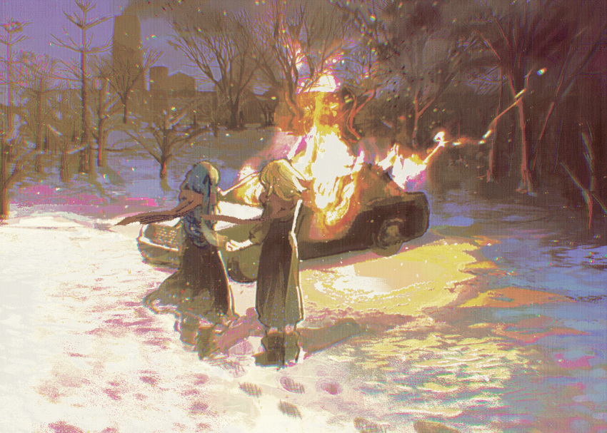 2girls, bang_dream!, bang_dream!_it's_mygo!!!!!, bare_tree, blonde_hair, blue_hair, burning, burning_vehicle