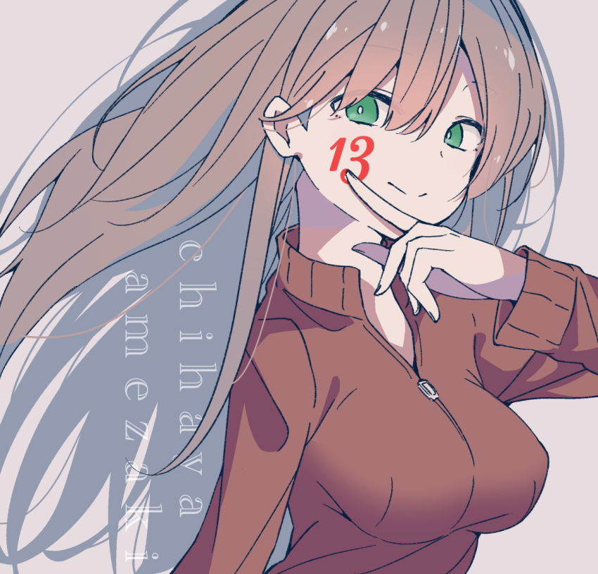 1girl, amezaki_chihaya, breasts, brown_hair, character_name, cheek_tattoo, closed_mouth, commentary_request, facial_tattoo, green_eyes, hidarite_no_hoosoku_(tdog), jacket, jikkyou_powerful_pro_yakyuu, light_smile, long_hair, number_tattoo, power_pro-kun_pocket, power_pro-kun_pocket_13, red_jacket, solo, tattoo, upper_body