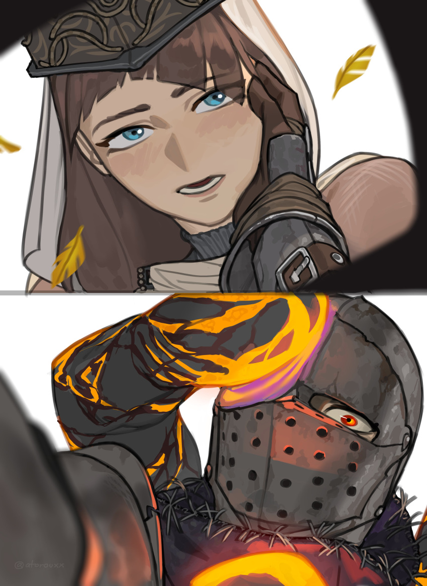 1boy, 1girl, absurdres, armet, armor, atoroux, blue_eyes, brown_hair