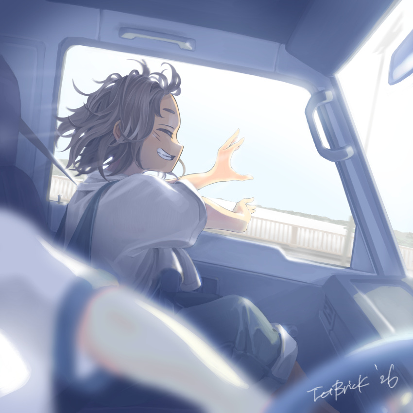 1girl, 2girls, blue_overalls, dashboard, driving, from_side, highres, jettoburikku