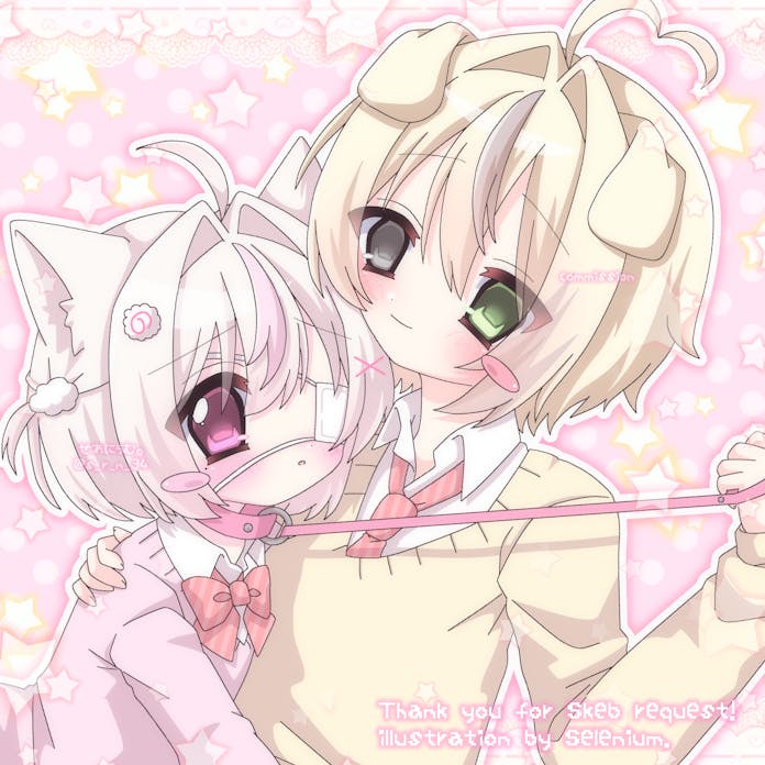 1boy, 1girl, ahoge, animal_ears, artist_name, blonde_hair, blush, blush_stickers, bow, bowtie, brown_hair, cardigan, cat_ears, cat_girl, closed_mouth, collar, commentary_request, dog_boy, dog_ears, dot_nose, eyepatch, food-themed_hair_ornament, green_eyes, grey_eyes, hair_ornament, heart, heart_ahoge, hetero, heterochromia, long_sleeves, multicolored_hair, narutomaki_hair_ornament, necktie, open_mouth, original, pink_background, pink_cardigan, pink_collar, pink_eyes, pink_hair, polka_dot, polka_dot_background, red_bow, red_bowtie, red_necktie, school_uniform, selenium, short_hair, single_blush_sticker, streaked_hair, striped_bow, striped_bowtie, striped_clothes, striped_necktie, two-tone_hair, white_hair, x_hair_ornament, yellow_cardigan