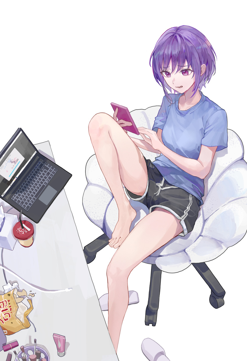 1girl, absurdres, bang_dream!, bang_dream!_it's_mygo!!!!!, barefoot, black_shorts, blacky1266859, blue_shirt