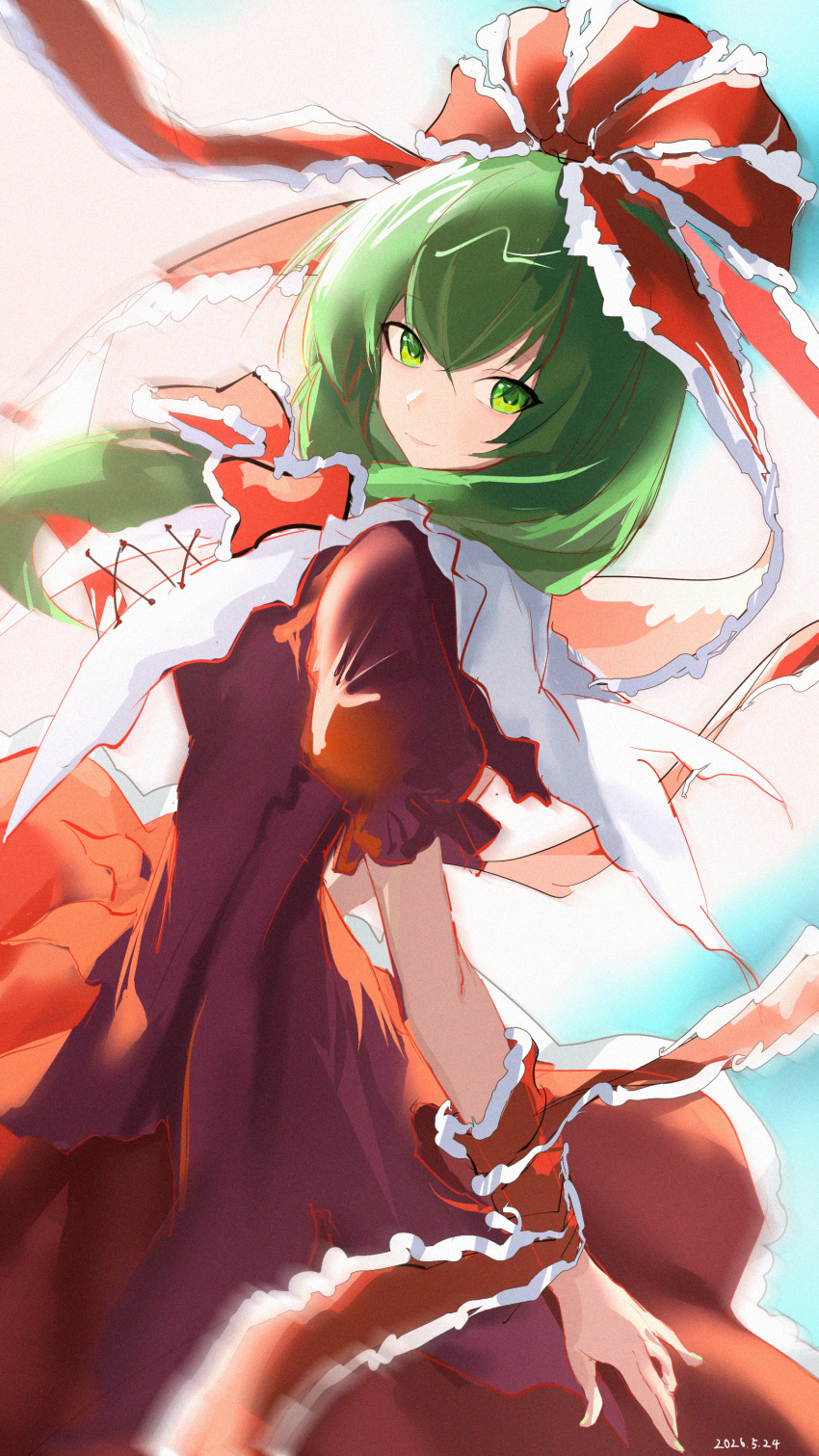 1girl, absurdres, bow, closed_mouth, commentary_request, dated, dress, frilled_bow, frills, green_eyes, green_hair, hair_bow, highres, kagiyama_hina, looking_at_viewer, puffy_short_sleeves, puffy_sleeves, qing_yu_susurr, red_bow, red_dress, red_ribbon, ribbon, short_sleeves, smile, solo, touhou, wrist_ribbon