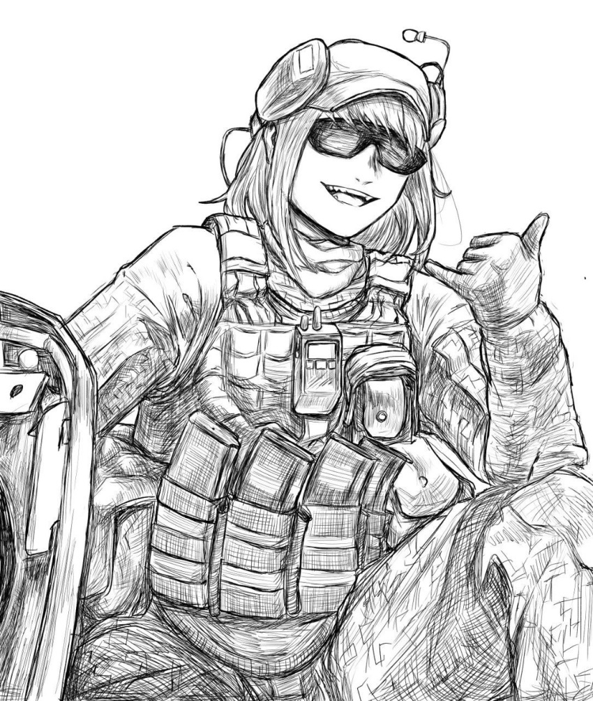 1girl, azov_battalion, commentary, english_commentary, fangs, greyscale, hat, highres