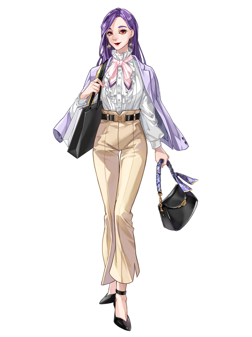 1girl, bag, belt, black_shoes, brown_pants, dairoku_ryouhei, earrings, full_body