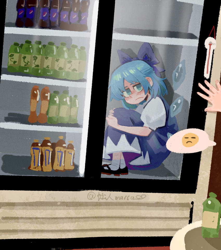 1girl, black_shoes, blue_bow, blue_eyes, blue_hair, blue_skirt, blue_vest, bottle