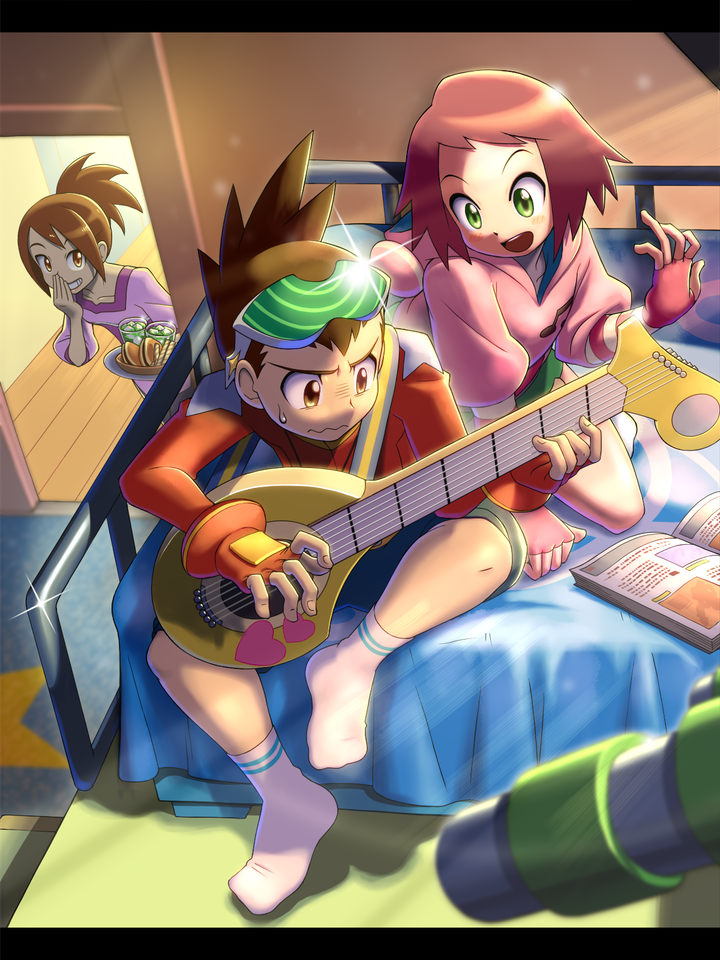 1boy, 2girls, :d, bed, book, brown_eyes, brown_hair, closed_mouth