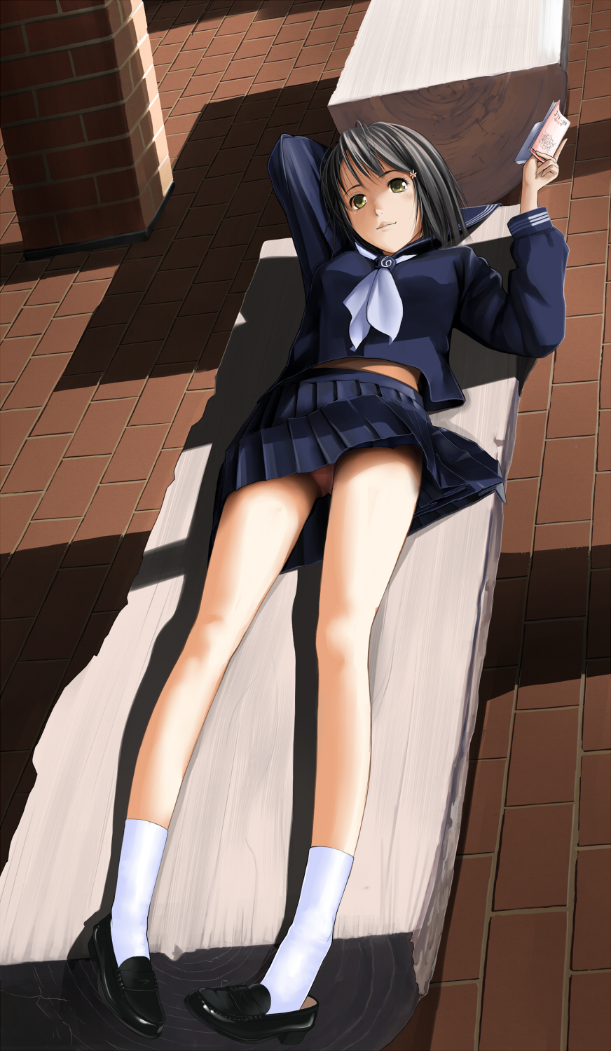 bad_id, bare_legs, black_hair, book, footwear, hair_ornament, highres, hitori_(htr_t)