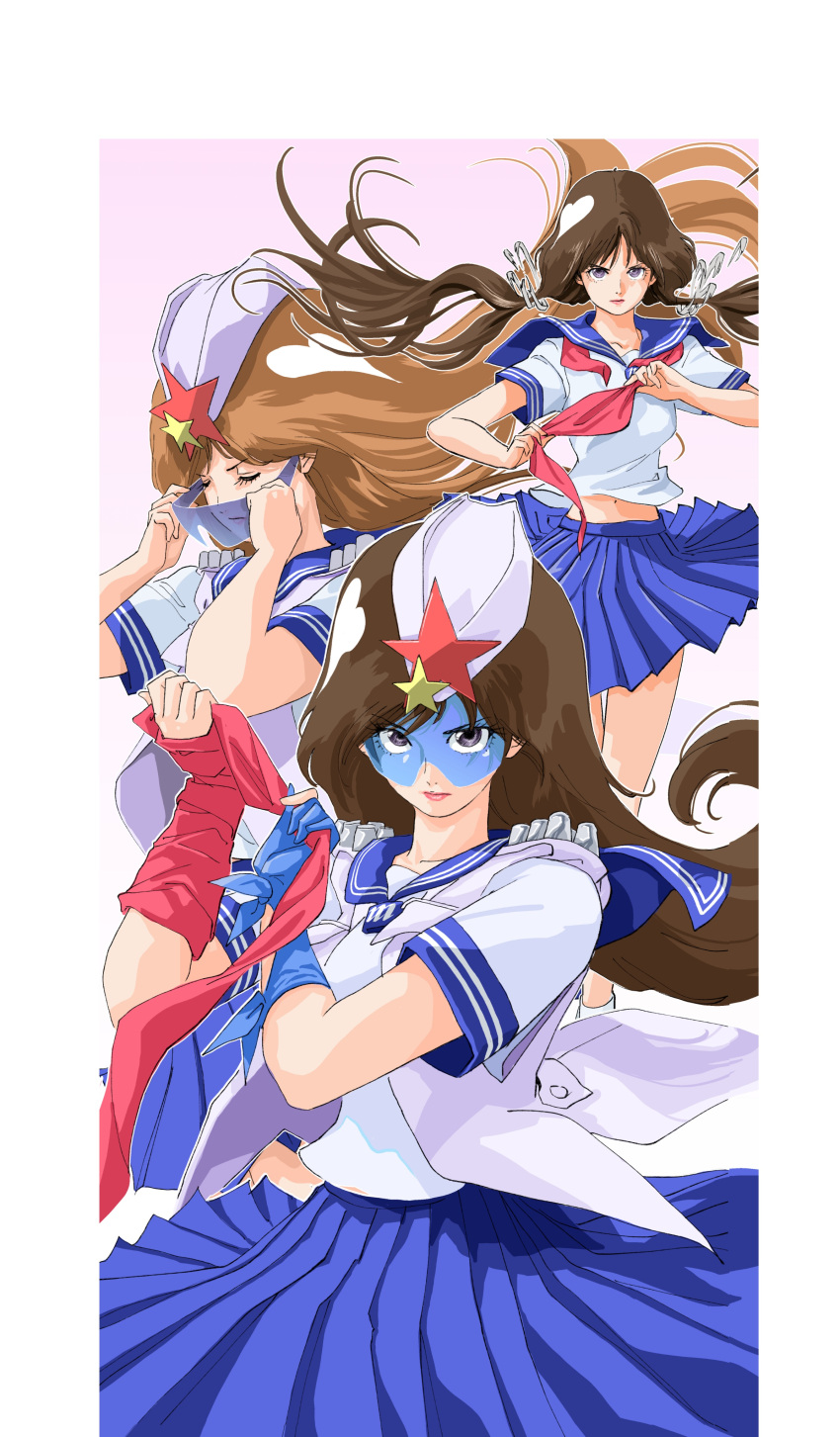 1girl, absurdres, arm_wrap, aruga_teruto, blue-tinted_eyewear, blue_sailor_collar, blue_skirt, brown_hair