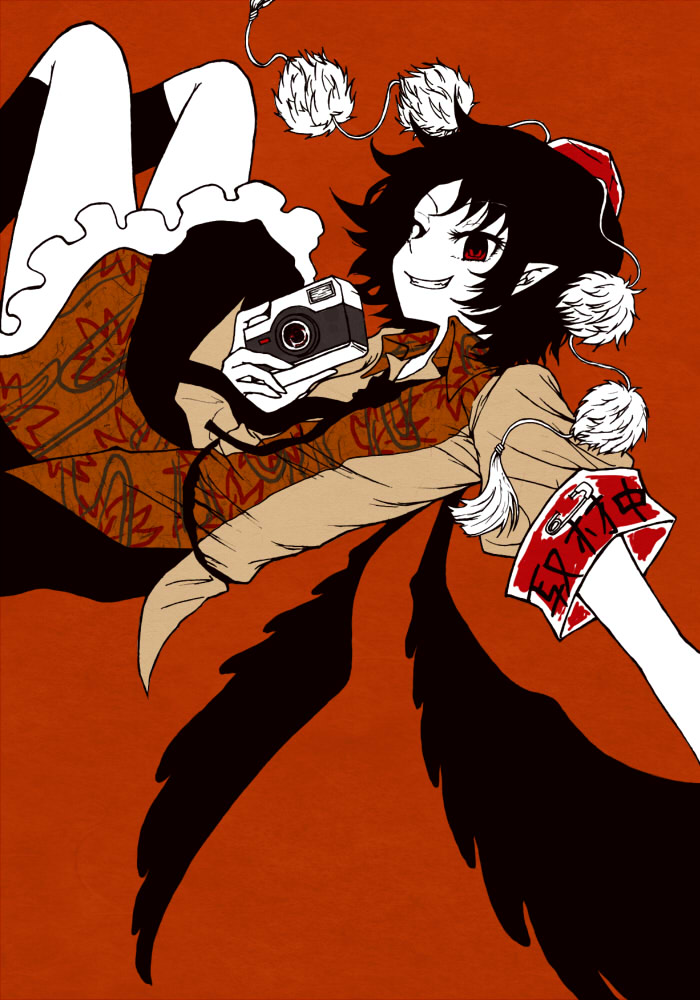 black_hair, camera, elf, food, fruit, hat, holding, kneehighs