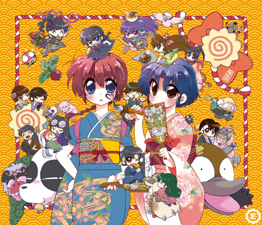 6+boys, 6+girls, ^_^, balding, beard, betty_(ranma_1/2), bird, black_hair, blue_eyes, blue_hair, blue_kimono, braid, brown_eyes, brown_hair, cat, character_request, chibi, closed_eyes, coke-bottle_glasses, cologne_(ranma_1/2), commentary_request, dog, double_bun, duck, everyone, facial_hair, food, glasses, green_eyes, green_hair, grey_eyes, hair_bun, happosai, hibiki_ryouga, highres, horse, japanese_clothes, katsunishiki, kimono, konatsu_(ranma_1/2), kunou_kodachi, kunou_tatewaki, kuonji_ukyou, mature_male, mousse_(duck)_(ranma_1/2), mousse_(ranma_1/2), multiple_boys, multiple_girls, mustache, okonomiyaki, old, old_man, old_woman, ono_toufuu, orange_background, p-chan_(ranma_1/2), panda, piglet, pink_kimono, purple_hair, raimu_(ranxa), ranma_1/2, red_eyes, red_hair, saotome_genma_(panda), saotome_ranma, saotome_ranma_(female), saotome_ranma_(male), sarugakure_sasuke, shampoo_(cat), shampoo_(ranma_1/2), shinnosuke's_grandfather_(ranma_1/2), shinnosuke_(ranma_1/2), shirokuro_(ranma_1/2), short_hair, side_ponytail, single_braid, skeleton, tendou_akane, tendou_kasumi, tendou_nabiki, tendou_souun, unryuu_akari, violet_eyes, white_hair