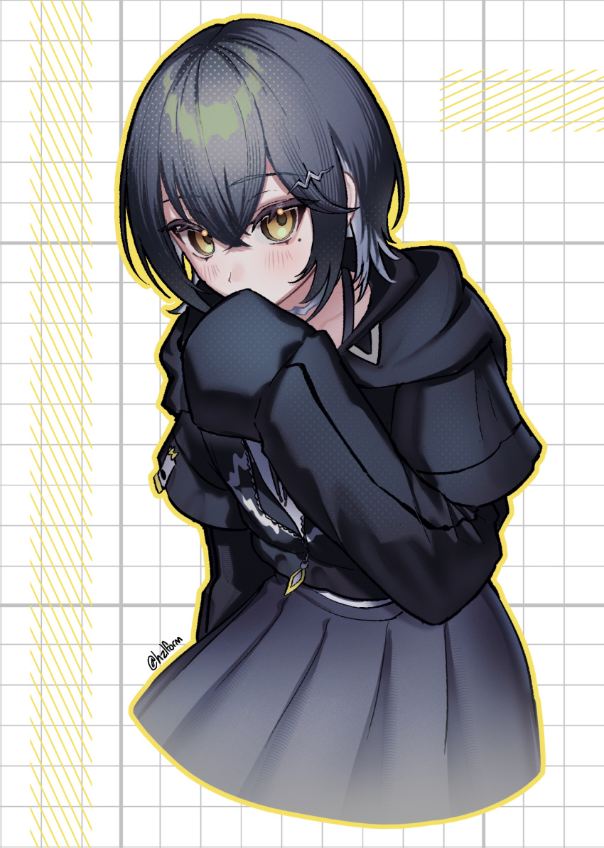 1girl, black_hair, black_hoodie, black_skirt, blush, choker, colored_inner_hair, commentary