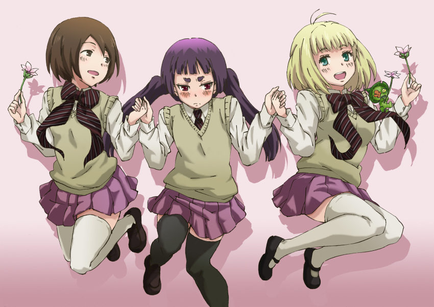 ao_no_exorcist, black_legwear, blonde_hair, blush, brown_eyes, brown_hair, eyebrows, flower