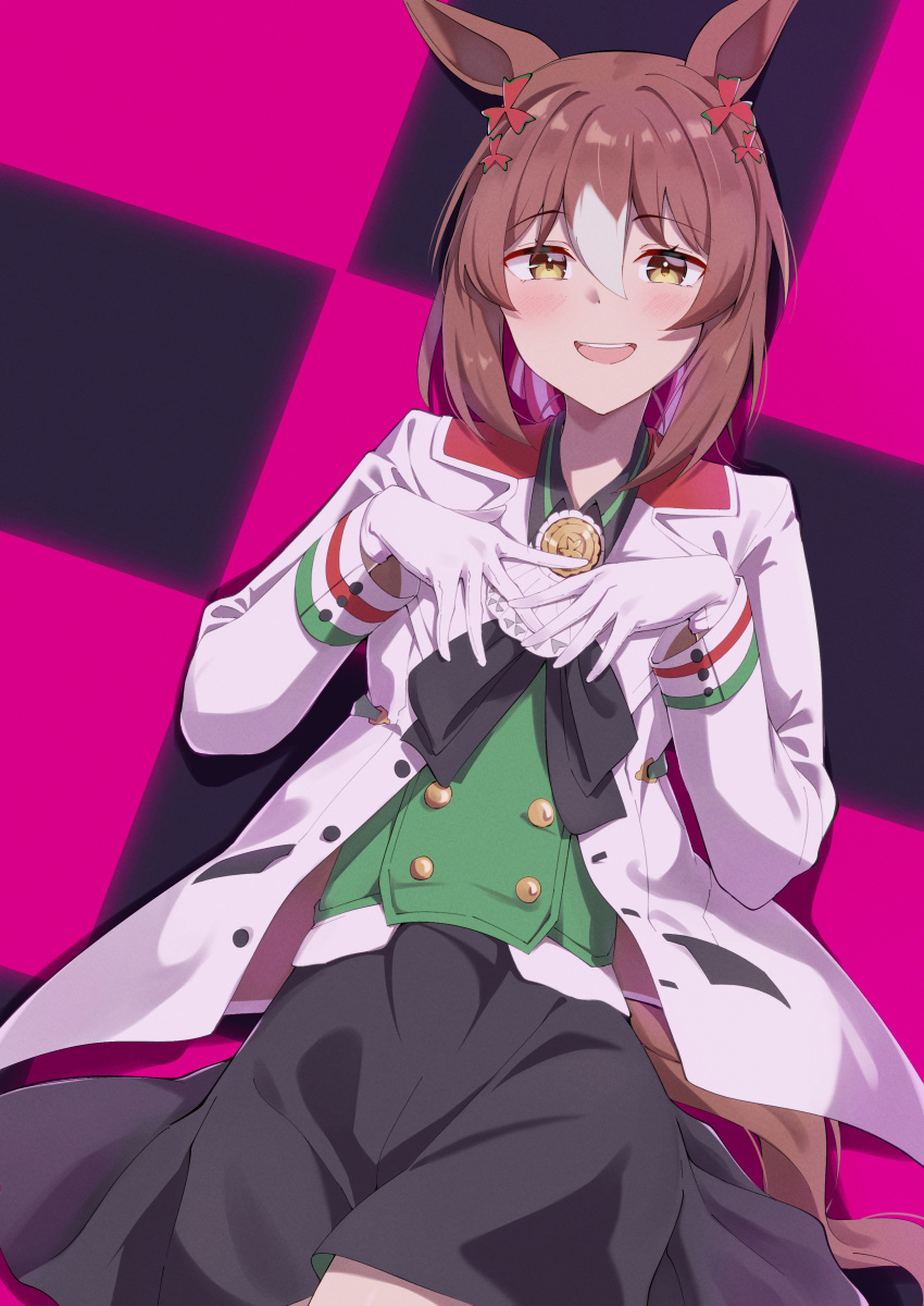 1girl, :d, absurdres, animal_ears, black_background, black_shirt, black_skirt, brown_hair