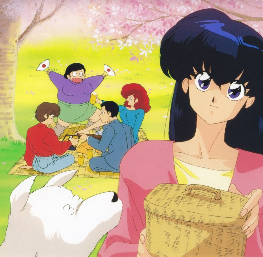 2boys, 3girls, bento, black_hair, blue_dress, blue_eyes, brown_hair, cherry_blossoms