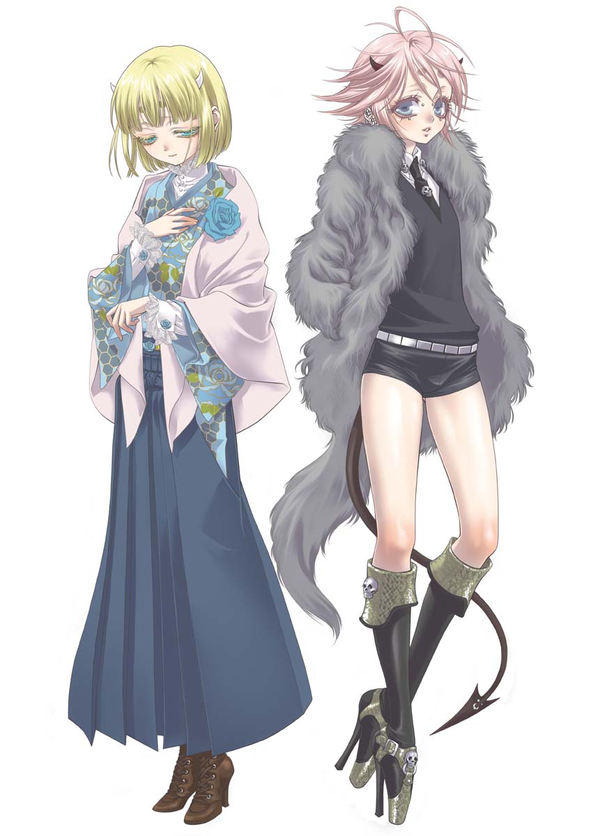 blonde_hair, blue_eyes, demon_boy, demon_tail, fur_coat, high_heels, highres, horns, ibaragi_douji, ibaraki_douji_(kiyo), japanese_clothes, jewelry, kimono, kiyo_(nbs199), multiple_boys, necktie, original, piercing, pink_hair, shoes, short_shorts, shorts, tail, trap, vest, yoru_akamaru