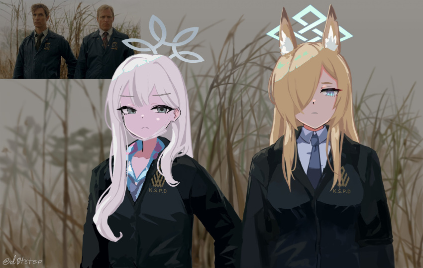 2boys, 2girls, animal_ears, blonde_hair, blue_eyes, blue_halo, collared_shirt, dog_ears, dog_girl, dotstep, grey_eyes, grey_halo, hair_over_eyes, halo, highres, jacket, kanna_(blue_archive), konoka_(blue_archive), long_hair, martin_hart, mask, mouth_mask, mouth_mask_under_chin, multiple_boys, multiple_girls, necktie, photo-referenced, photo_inset, rustin_cohle, shirt, true_detective, white_hair