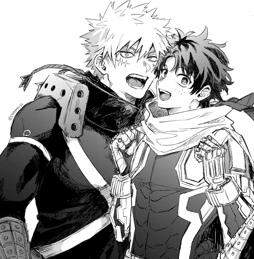 2boys, bakugou_katsuki, boku_no_hero_academia, commentary_request, freckles, greyscale, highres, looking_at_viewer, male_focus, midoriya_izuku, monochrome, multiple_boys, open_mouth, scar, scar_on_face, short_hair, simple_background, spiky_hair, superhero_costume, teeth, tongue, twitter_username, upper_body, watteru22, white_background