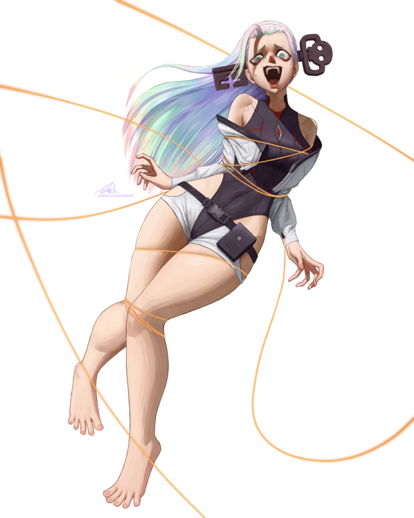 1girl, a.b.a, ahoge, bags_under_eyes, bare_shoulders, barefoot, bdsm, black_leotard, bondage, bound, breasts, colored_sclera, colored_skin, commentary, cosplay, cyberpunk:_edgerunners, cyberpunk_(series), cyborg, daek64, english_commentary, green_eyes, guilty_gear, guilty_gear_strive, highres, jacket, key, key_in_head, leotard, long_hair, looking_at_viewer, lucy_(cyberpunk), lucy_(cyberpunk)_(cosplay), medium_breasts, monowire, multicolored_hair, object_through_head, off_shoulder, open_clothes, open_mouth, short_shorts, shorts, simple_background, smile, solo, white_skin