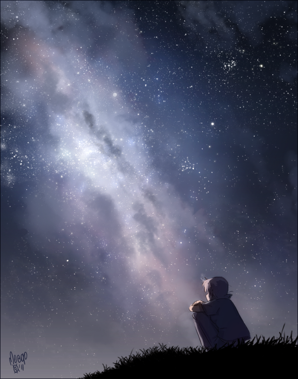 emily_(meago), epic, from_behind, galaxy, meago, milky_way, night, original, photorealistic, realistic, signature, sitting, sky, solo, star_(sky), starry_sky, white_hair