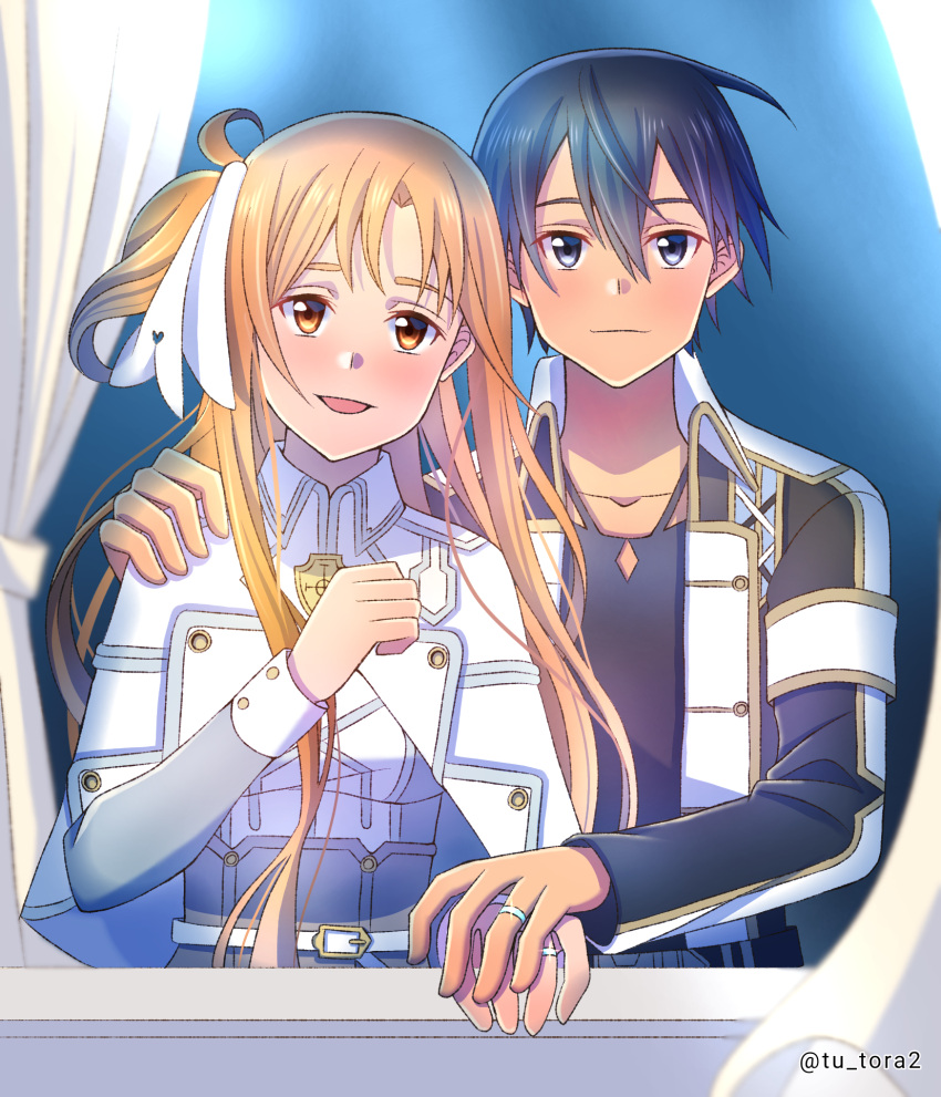1boy, 1girl, :d, asuna_(sao), asuna_(stacia)_(sao), belt, black_belt, black_hair