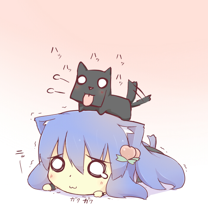 1girl, :3, animal_ears, animal_on_head, blue_hair, blush, cat_ears, cat_tail