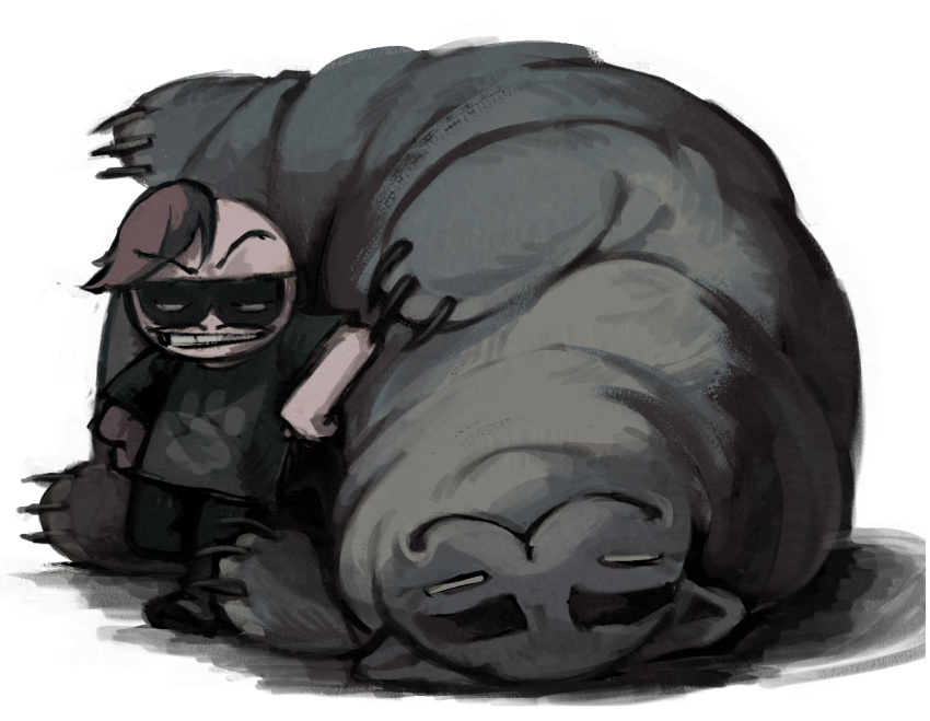 1boy, :3, animal, black_pants, black_shirt, brown_hair, butch_(mewgenics), cat, claws, commentary, danijel-ditto, english_commentary, eye_mask, guillotina, leaning_on_animal, mask, mewgenics, oversized_animal, pants, shirt, short_hair, simple_background, smirk, standing, white_background