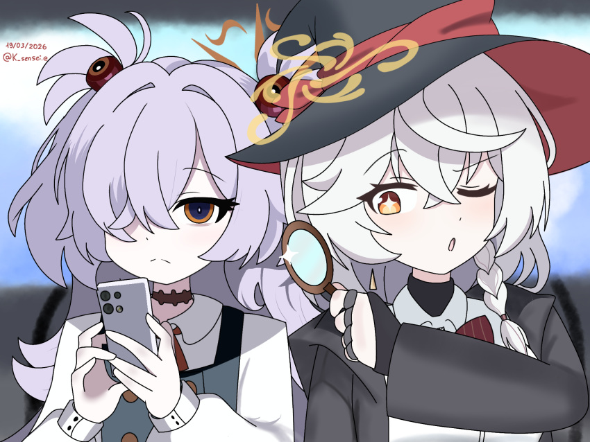 +_+, 2girls, blue_archive, eri_(blue_archive), gem_alert_magnifying_glass_(meme), grey_hair, hair_over_one_eye, halo