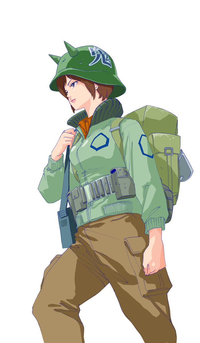 1girl, aruga_teruto, backpack, bag, belt_pouch, brown_hair, brown_pants, canteen