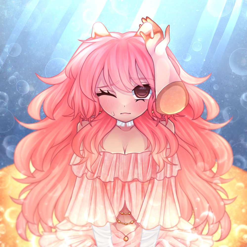 >_o, antennae, blush, bonnibelle, bonnibelle_amai, commentary, dress, english_commentary, gradient_hair, hand_on_another's_head, indie_virtual_youtuber, long_hair, manta_ray_gir, multicolored_hair, ocean, one_eye_closed, orange_eyes, orange_hair, pink_dress, sweatdrop, virtual_youtuber