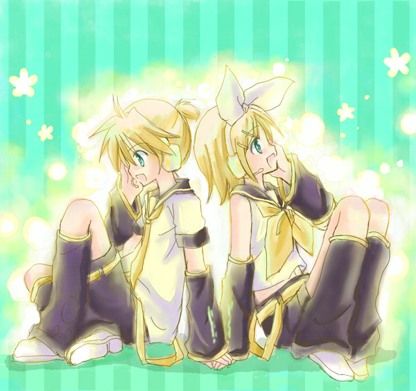 brother_and_sister, detached_sleeves, hair_ribbon, hand_holding, holding_hands, kagamine_len, kagamine_rin, mitou_kana