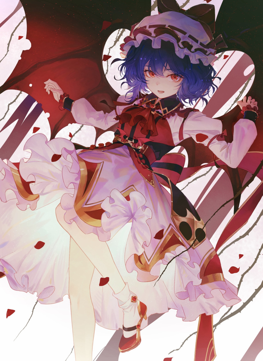 1girl, arm_up, ascot, bad_hands, bat_wings, belt, black_background, black_belt, black_bow, black_collar, black_skirt, black_sleeve_cuffs, black_stripes, blue_hair, bow, bow_skirt, bowtie, cowboy_shot, enip_o, frilled_collar, frilled_dress, frilled_hat, frilled_sleeves, gold_belt, gold_dress, gold_ribbon, gold_shoes, gold_skirt, gold_sleeve_cuffs, gradient_background, hair_between_eyes, hands_up, heels, highres, jewelry, leg_up, long_sleeves, lower_teeth_only, messy_hair, mob_cap, open, petals, red_ascot, red_background, red_belt, red_bow, red_dress, red_eyes, red_frills, red_heels, red_ribbon, red_shirt, red_shoes, remilia_scarlet, ribbon-trimmed_hat, ribbon_trim, short_hair, short_sleeves, sleeve_ribbon, striped_bow, striped_clothes, tagme, the_embodiment_of_scarlet_devil, tiger_print, tongue, touhou, white_background, white_dress, wings