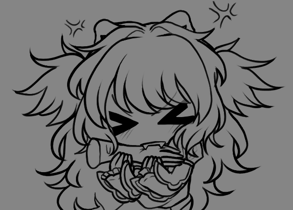 >_<, 1girl, 1other, anger_vein, antennae, biting, bonnibelle, bonnibelle_amai, chibi, disembodied_hand, fangs, grabbing_another's_arm, grey_background, indie_virtual_youtuber, long_hair, manta_ray_girl, monochrome, sweatdrop, virtual_youtuber