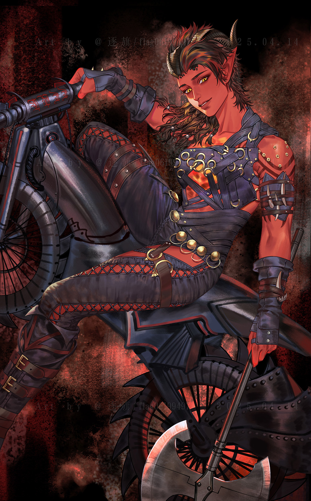 1girl, arm_tattoo, axe, baldur's_gate, baldur's_gate_3, black_hair, black_pants, braid, broken_horn, chest_harness, colored_skin, commentary, dated, demon_girl, demon_horns, dungeons_&amp;_dragons, english_commentary, feet_out_of_frame, flag_(99199861), harness, highres, holding, holding_axe, horns, karlach, leg_belt, looking_at_viewer, medium_hair, motor_vehicle, motorcycle, o-ring, on_motorcycle, pants, pointy_ears, red_background, red_skin, sitting, smile, solo, tattoo, tiefling, yellow_eyes
