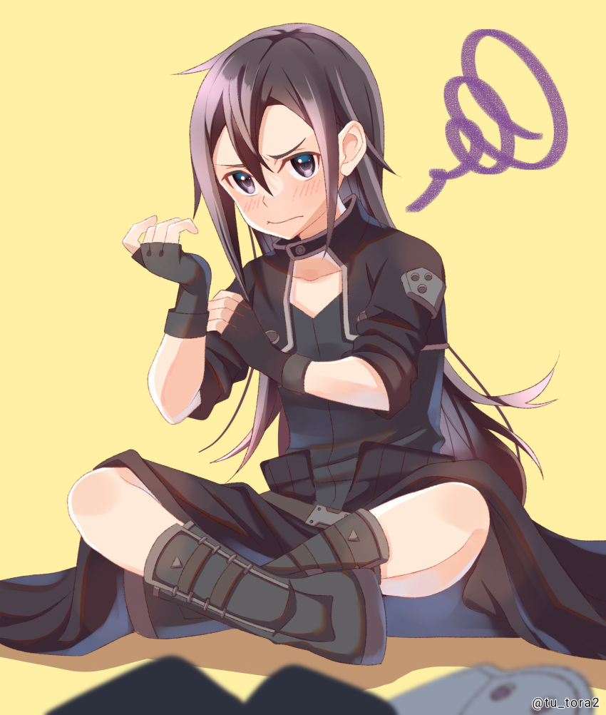 1boy, artist_name, belt, black_boots, black_hair, black_shirt, black_shrug, blush