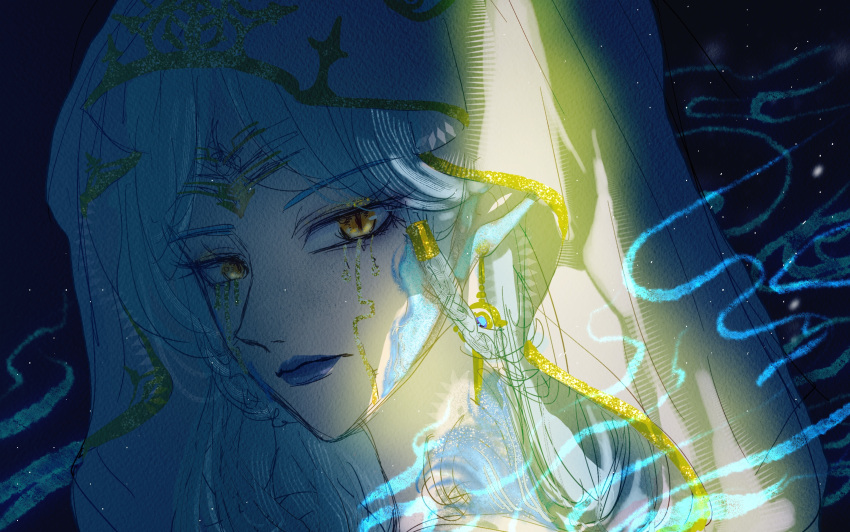 1girl, absurdres, black_background, blue_lips, blue_scales, braid, braided_hair_rings, chinese_commentary, circlet, cloak, closed_mouth, commentary_request, earrings, expressionless, eyelashes, eyes_visible_through_hair, facepaint, feisebeiyu, gold_circlet, gold_earrings, hair_rings, hair_tubes, highres, hood, hood_up, hooded_cloak, infinity_nikki, jewelry, light_frown, light_rays, lipstick, looking_at_viewer, makeup, medael_(infinity_nikki), nikki_(series), parksolian_(infinity_nikki), pointy_ears, portrait, simple_background, slit_pupils, smoke, solo, white_cloak, yellow_eyes