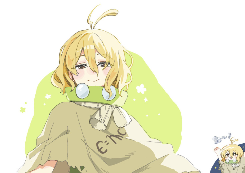 1girl, ahoge, antenna_hair, blonde_hair, blush, brown_eyes, chibi, chibi_inset