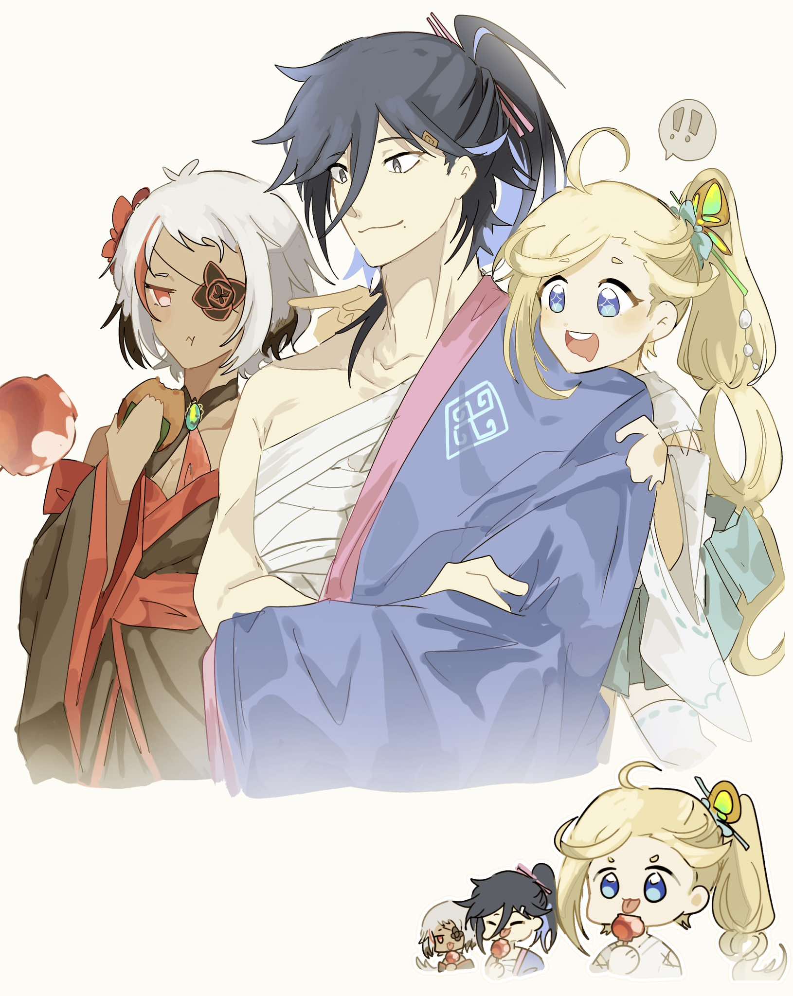 !, !!, 1boy, 2girls, ahoge, arakiya_(re:zero), black_hair, black_kimono