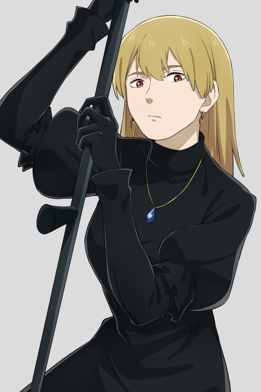 1girl, absurdres, black_dress, black_gloves, blonde_hair, breasts, commentary, diamond_necklace