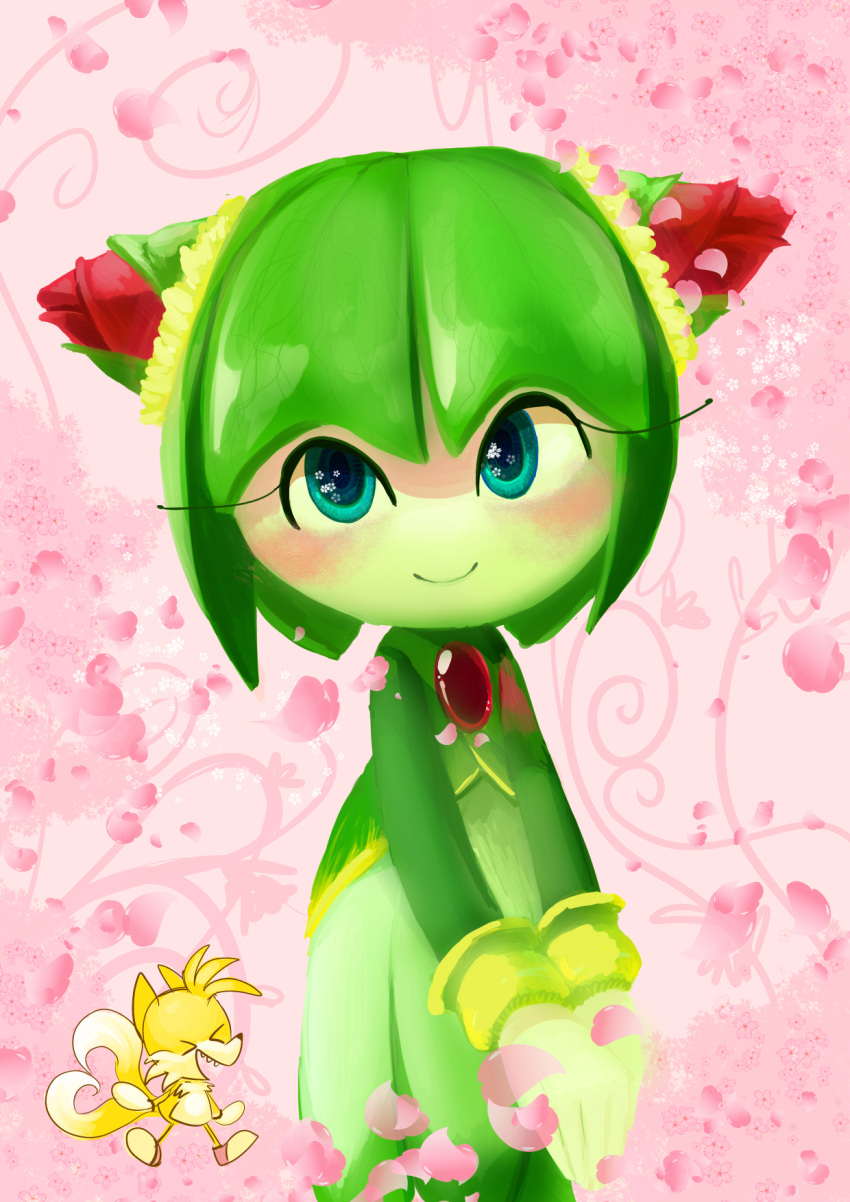 1girl, blue_eyes, cosmo_(sonic), dress, eyelashes, flower, green_hair, green_sleeves