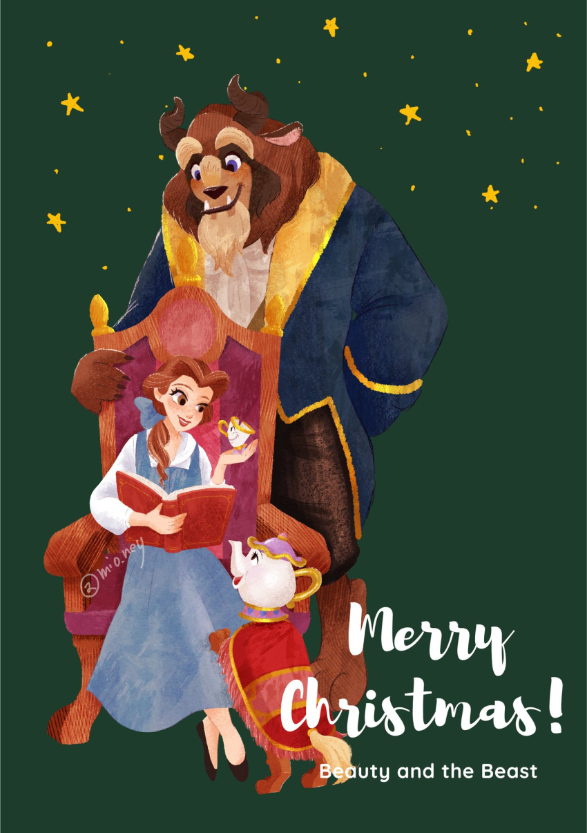 2boys, 2girls, beast_(disney), beauty_and_the_beast_(disney), belle_(disney), book, bow, brown_eyes