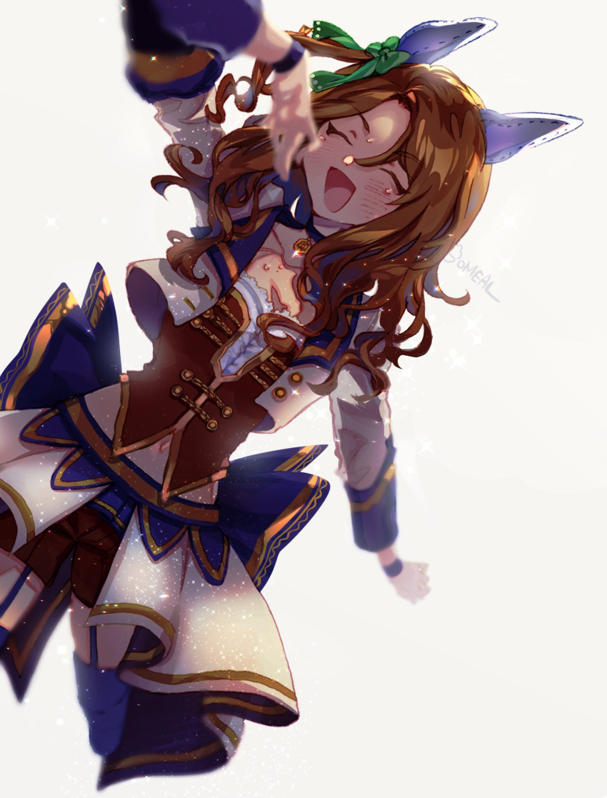 1girl, artist_name, bodice, brown_hair, closed_eyes, commentary_request, corset, dutch_angle
