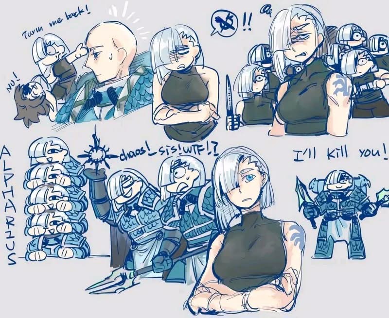 !, !!, 1boy, 6+girls, adeptus_astartes, alpharius, armor, artist_request