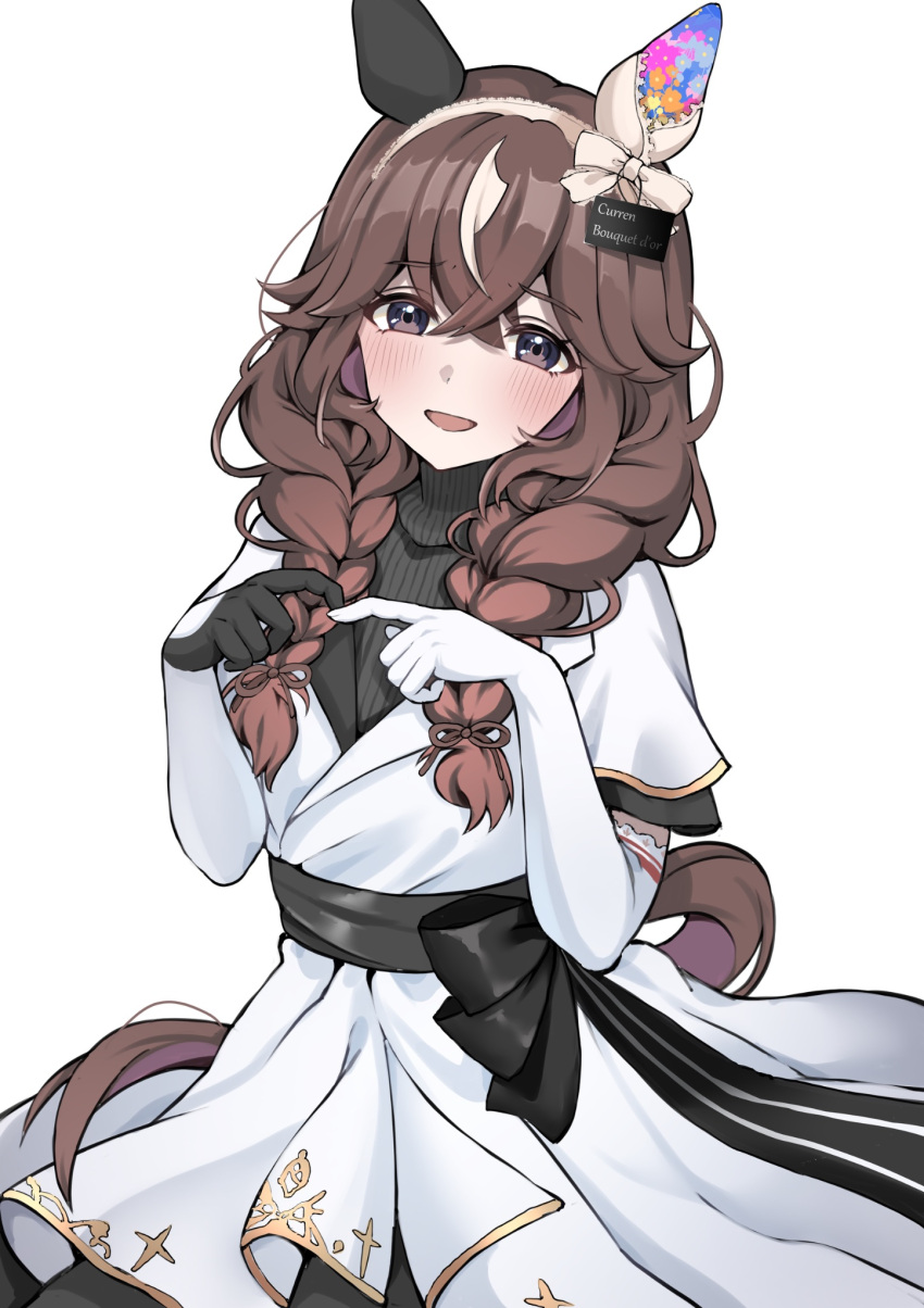 1girl, animal_ears, asymmetrical_gloves, black_sweater, blush, braid, braided_sidelocks, breasts