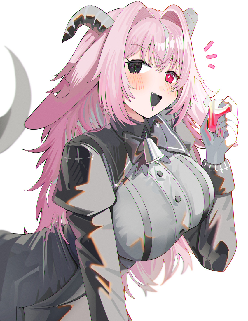 1girl, absurdres, animal_ears, bell, black_eyes, black_horns, black_mouth, black_shirt, black_shrug, black_skirt, blush, breasts, bright_pupils, collared_shrug, commentary, cross, cross-shaped_pupils, cup, diamond-shaped_pupils, diamond_(shape), femme_soule, gloves, hand_up, heterochromia, highres, holding, holding_cup, horns, huge_breasts, inverted_cross, inverted_cross_print, long_sleeves, looking_at_viewer, mismatched_pupils, multicolored_hair, neck_bell, open_mouth, pink_eyes, pink_hair, pukey_goddess_shot_trick, shirt, shrug_(clothing), simple_background, skirt, solo, spam_(spamham4506), streaked_hair, symbol-shaped_pupils, tail, two-tone_hair, untranslatable_commentary, upper_body, white_background, white_gloves, white_hair, white_pupils, white_streaks